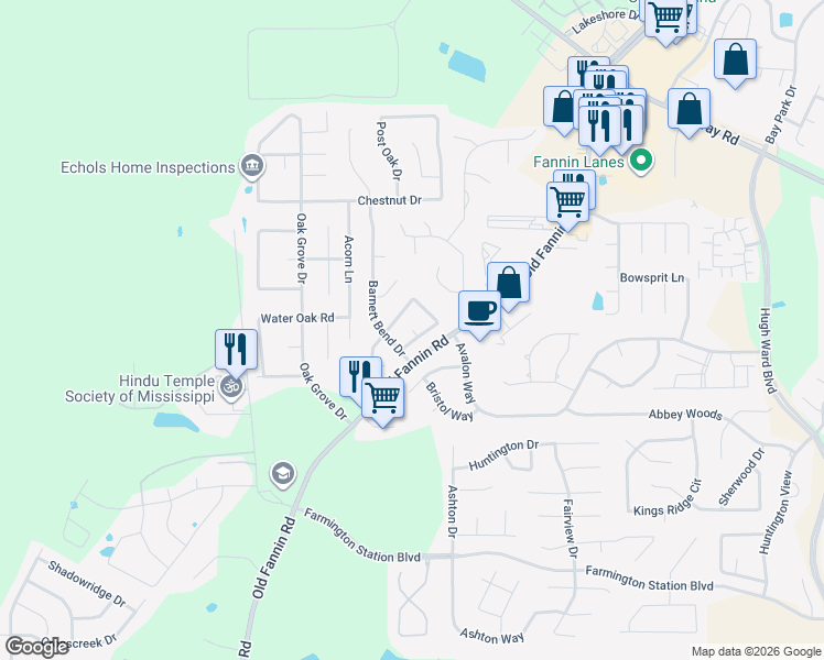map of restaurants, bars, coffee shops, grocery stores, and more near 1221 Barnett Bend Cove in Brandon