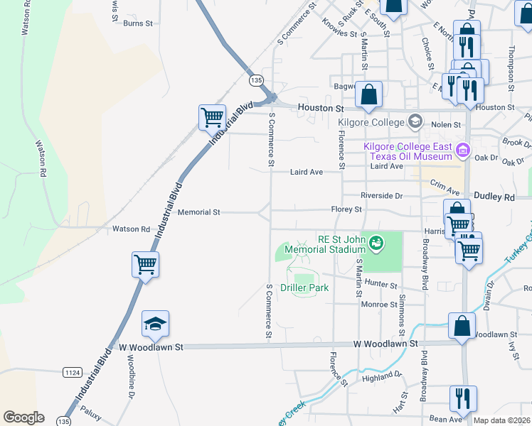 map of restaurants, bars, coffee shops, grocery stores, and more near 72 Florey Lake in Kilgore