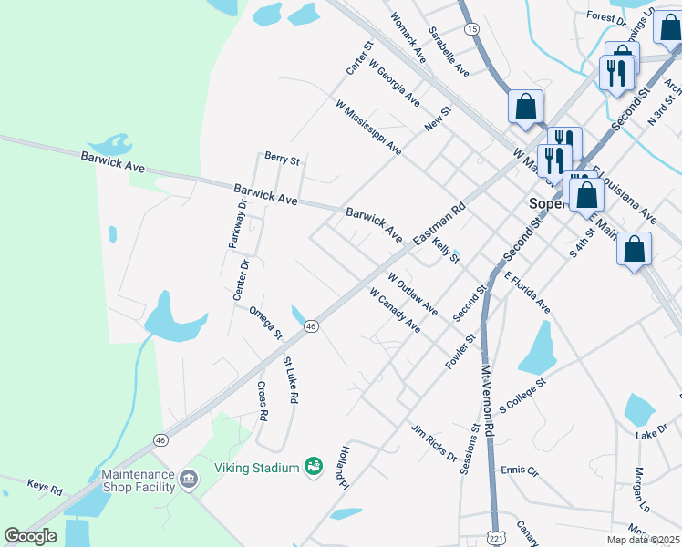 map of restaurants, bars, coffee shops, grocery stores, and more near 1380 West Canady Avenue in Soperton