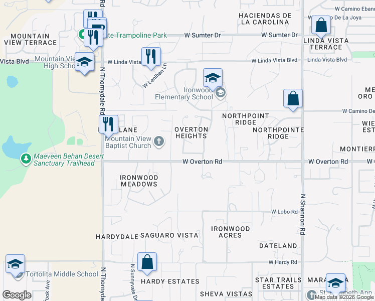 map of restaurants, bars, coffee shops, grocery stores, and more near 3416 West Overton Heights Drive in Tucson