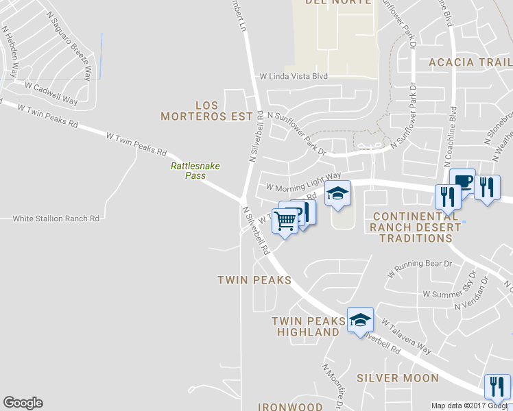 map of restaurants, bars, coffee shops, grocery stores, and more near 9231 North Crimson Stone Place in Tucson