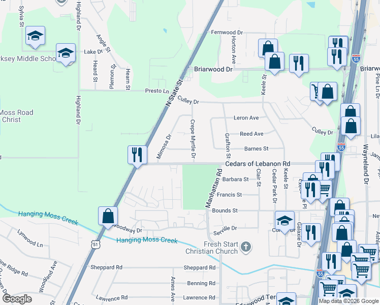 map of restaurants, bars, coffee shops, grocery stores, and more near 5424 Crepe Myrtle Drive in Jackson