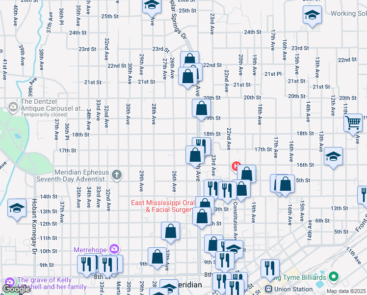 map of restaurants, bars, coffee shops, grocery stores, and more near 1701 25th Avenue in Meridian