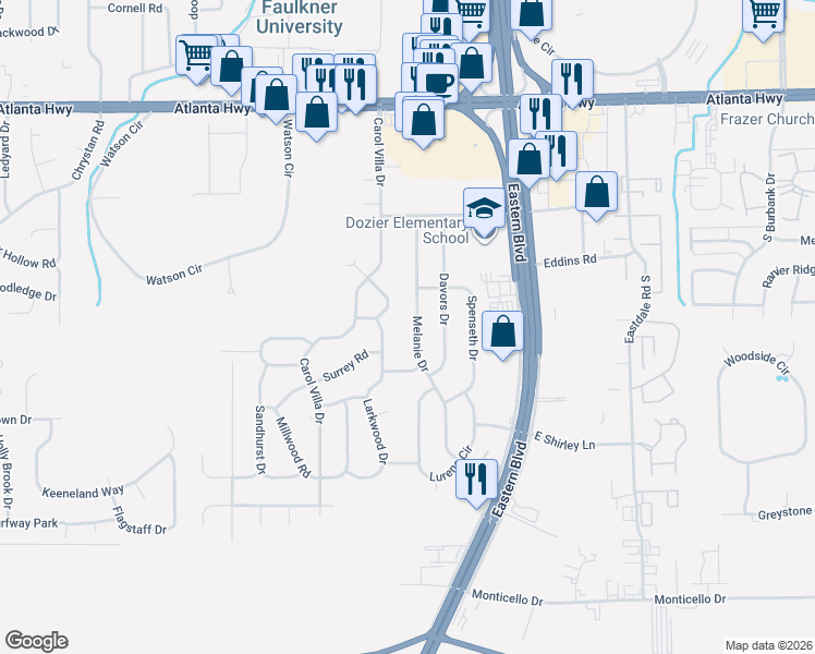 map of restaurants, bars, coffee shops, grocery stores, and more near 326 Melanie Drive in Montgomery
