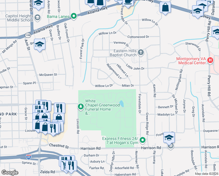 map of restaurants, bars, coffee shops, grocery stores, and more near 2909 Willow Lane Drive in Montgomery