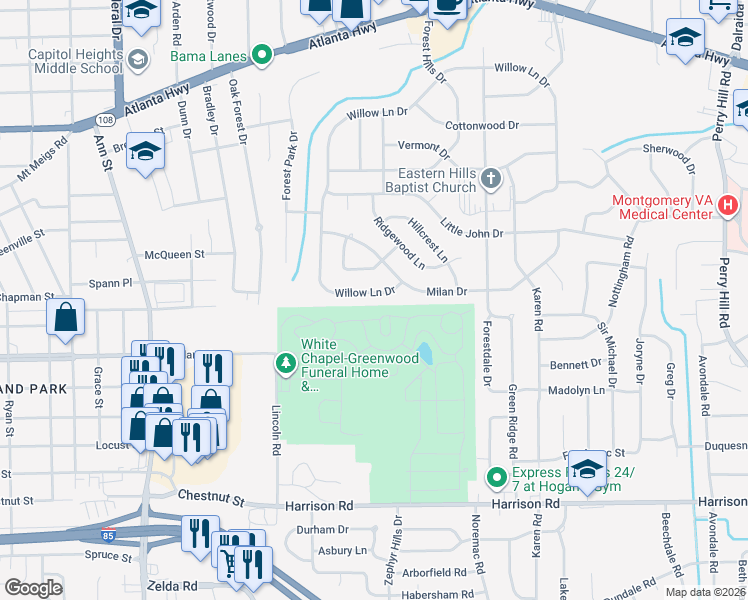 map of restaurants, bars, coffee shops, grocery stores, and more near 2933 Willow Lane Drive in Montgomery