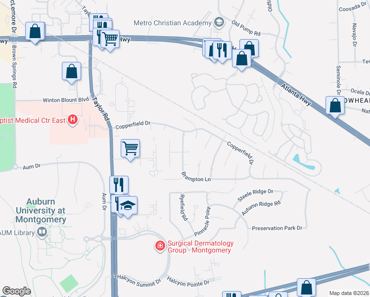 map of restaurants, bars, coffee shops, grocery stores, and more near 7413 Brampton Court in Montgomery