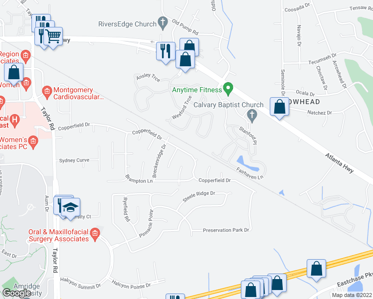 map of restaurants, bars, coffee shops, grocery stores, and more near 7813 Copperfield Drive in Montgomery
