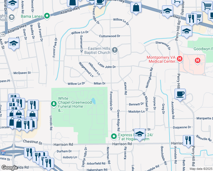 map of restaurants, bars, coffee shops, grocery stores, and more near 3304 Milan Drive in Montgomery