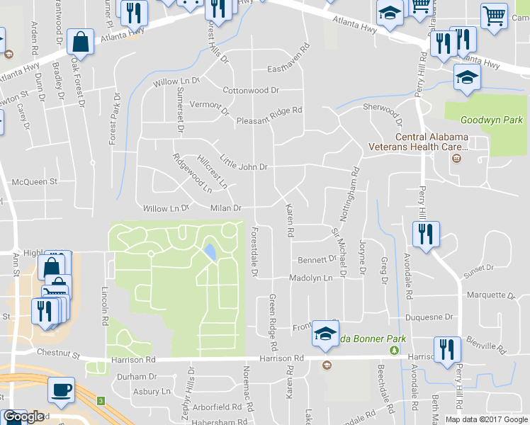 map of restaurants, bars, coffee shops, grocery stores, and more near 3406 Milan Drive in Montgomery