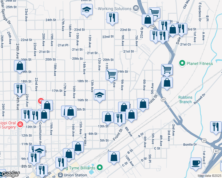 map of restaurants, bars, coffee shops, grocery stores, and more near 1010 17th Street in Meridian
