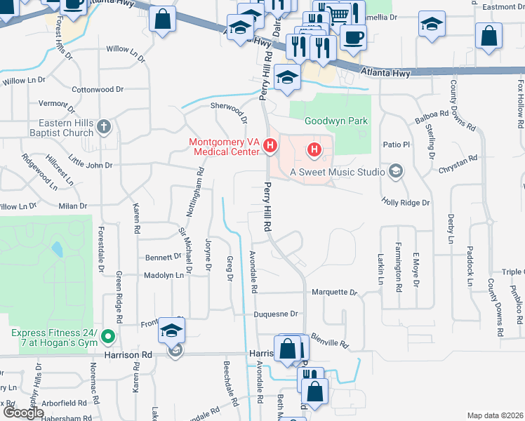 map of restaurants, bars, coffee shops, grocery stores, and more near 3828 Hudson Court in Montgomery
