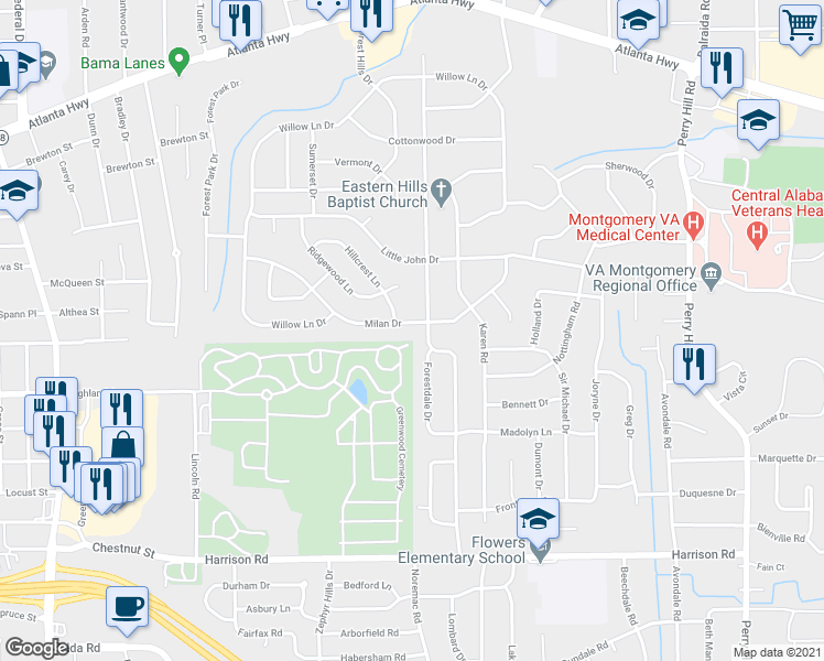 map of restaurants, bars, coffee shops, grocery stores, and more near 3304 Milan Drive in Montgomery