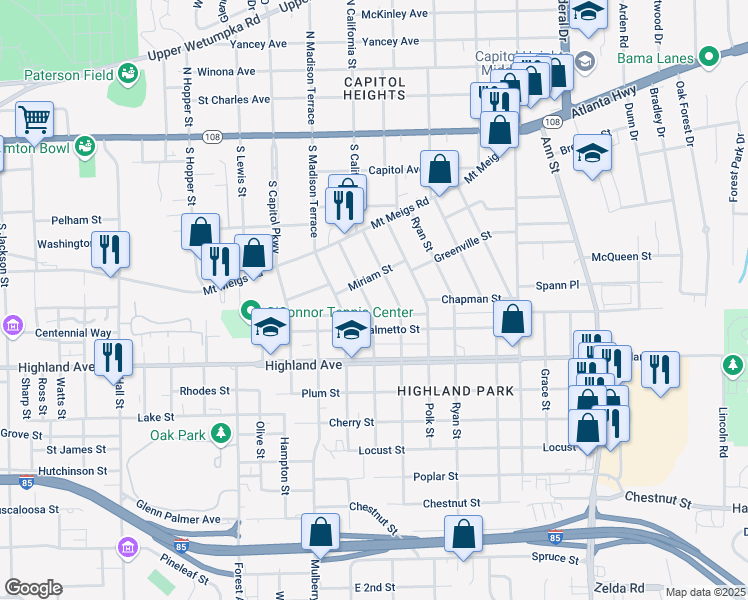 map of restaurants, bars, coffee shops, grocery stores, and more near 428 Buford Street in Montgomery