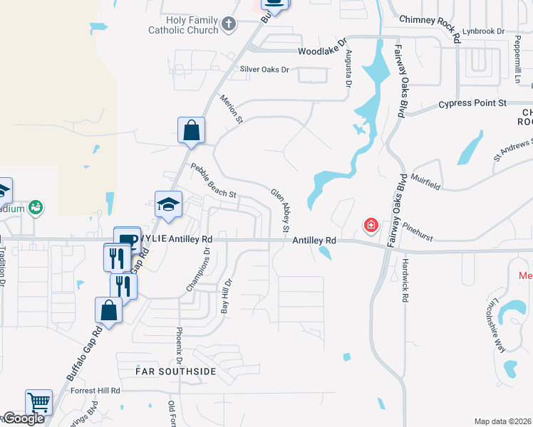 map of restaurants, bars, coffee shops, grocery stores, and more near 48 Pebble Beach St in Abilene