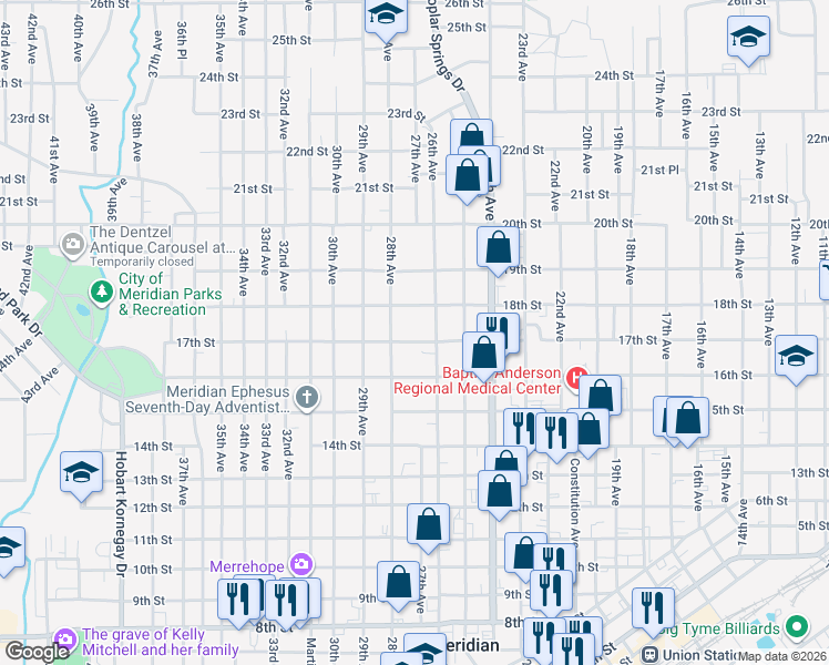 map of restaurants, bars, coffee shops, grocery stores, and more near 2616 17th Street in Meridian