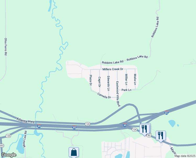 map of restaurants, bars, coffee shops, grocery stores, and more near 125 Capri Drive in Montgomery