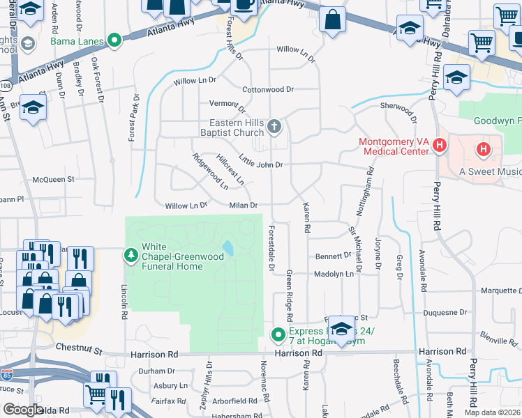 map of restaurants, bars, coffee shops, grocery stores, and more near 3308 Milan Drive in Montgomery