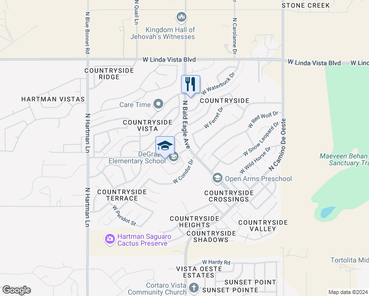 map of restaurants, bars, coffee shops, grocery stores, and more near 9240 N Thrush Ct in Tucson