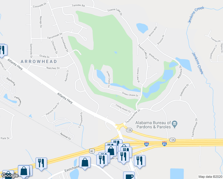 map of restaurants, bars, coffee shops, grocery stores, and more near 9008 Green Chase Drive in Montgomery