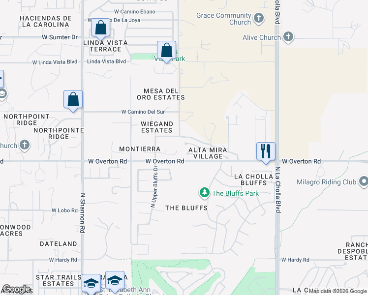 map of restaurants, bars, coffee shops, grocery stores, and more near 2471 West Catalpa Road in Tucson