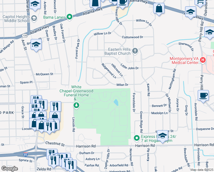 map of restaurants, bars, coffee shops, grocery stores, and more near 2909 Willow Lane Drive in Montgomery