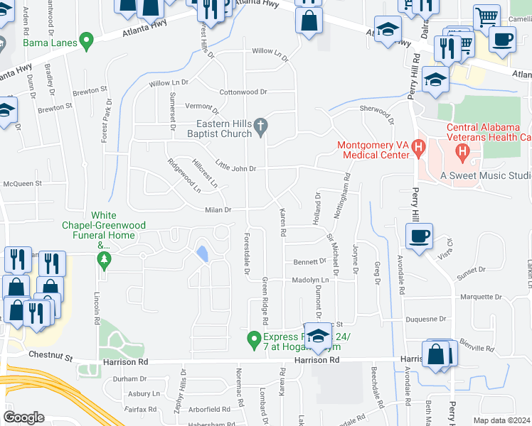 map of restaurants, bars, coffee shops, grocery stores, and more near 3414 Milan Drive in Montgomery