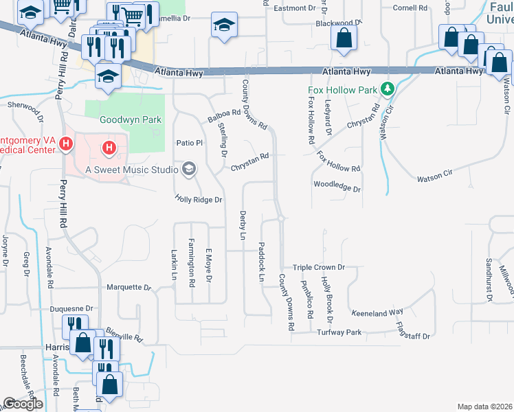 map of restaurants, bars, coffee shops, grocery stores, and more near 468 County Downs Court in Montgomery