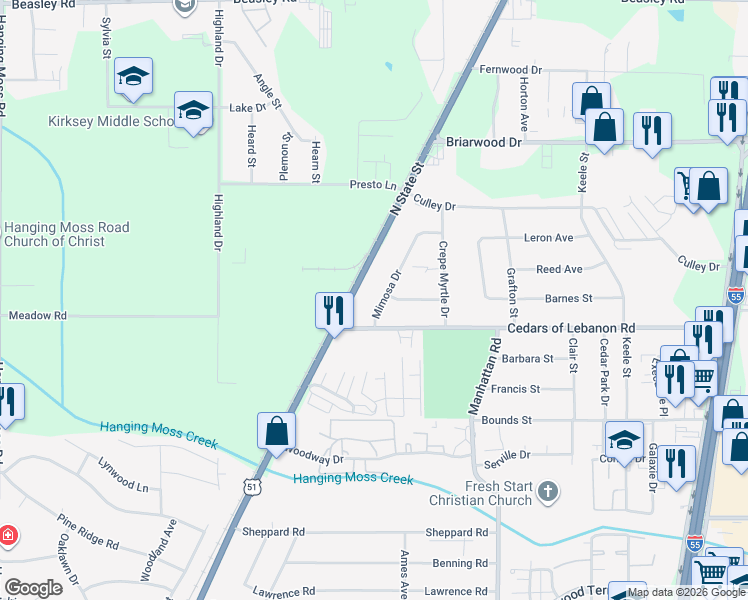 map of restaurants, bars, coffee shops, grocery stores, and more near 5423 Mimosa Drive in Jackson