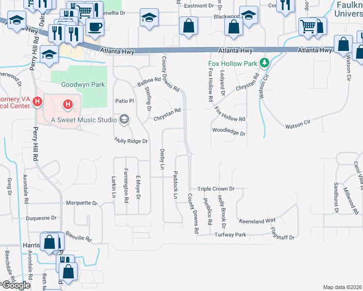 map of restaurants, bars, coffee shops, grocery stores, and more near 500 County Downs Road in Montgomery
