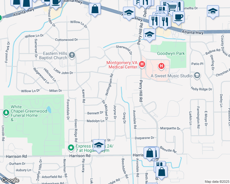 map of restaurants, bars, coffee shops, grocery stores, and more near 650 Joryne Drive in Montgomery