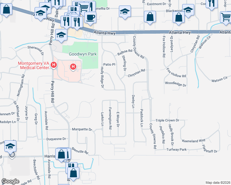 map of restaurants, bars, coffee shops, grocery stores, and more near 366-372 Holly Ridge Drive in Montgomery