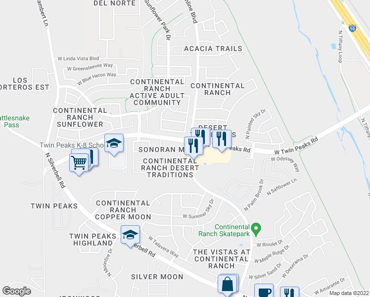 map of restaurants, bars, coffee shops, grocery stores, and more near 7633 West August Moon Place in Tucson