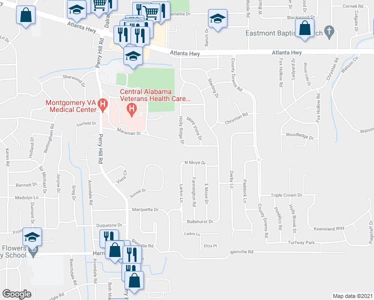 map of restaurants, bars, coffee shops, grocery stores, and more near 348 Holly Ridge Drive in Montgomery
