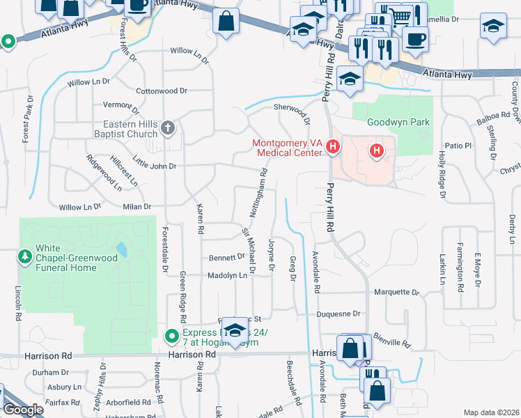 map of restaurants, bars, coffee shops, grocery stores, and more near 650 Joryne Drive in Montgomery