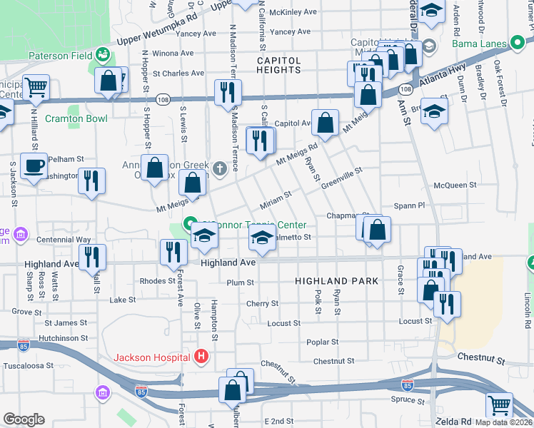 map of restaurants, bars, coffee shops, grocery stores, and more near 410 Arthur Street in Montgomery