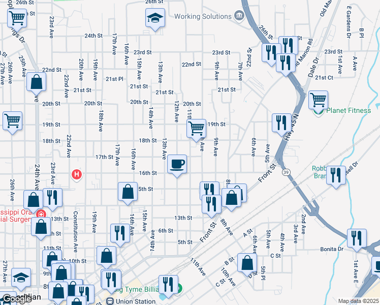 map of restaurants, bars, coffee shops, grocery stores, and more near 1010 17th Street in Meridian