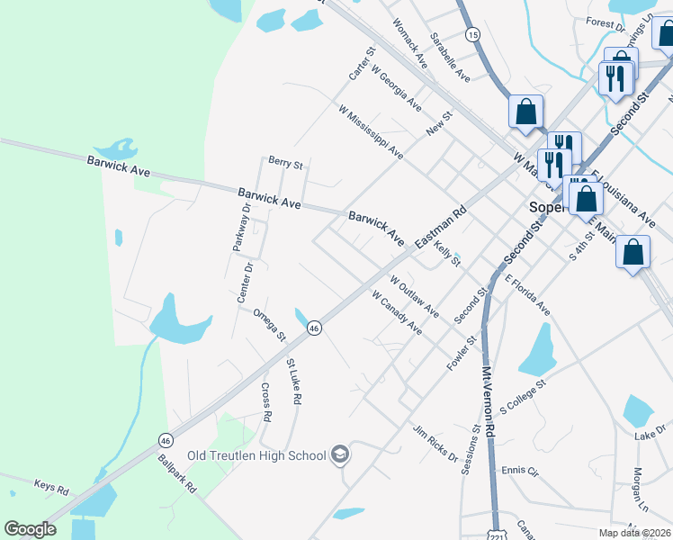 map of restaurants, bars, coffee shops, grocery stores, and more near 1451 West Canady Avenue in Soperton
