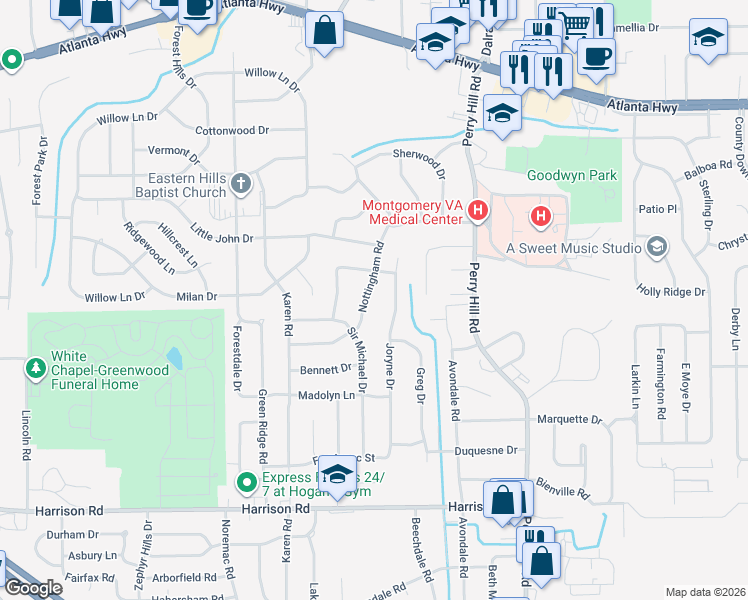 map of restaurants, bars, coffee shops, grocery stores, and more near 650 Joryne Drive in Montgomery