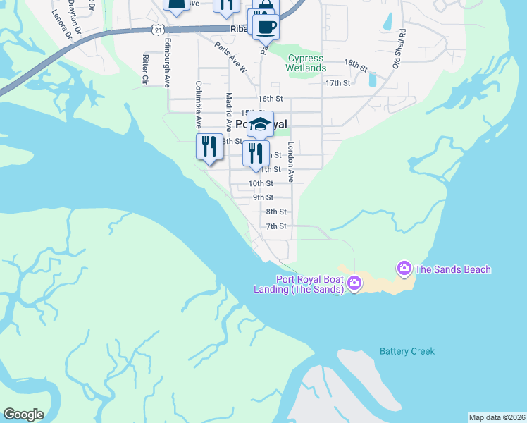 map of restaurants, bars, coffee shops, grocery stores, and more near 918 8th Street in Port Royal