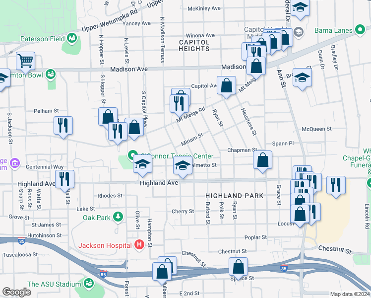 map of restaurants, bars, coffee shops, grocery stores, and more near 410 Arthur St in Montgomery