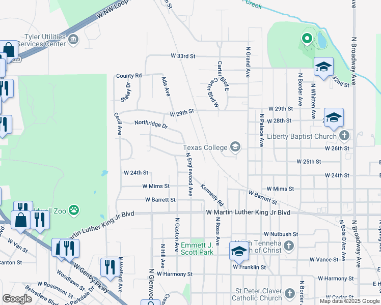 map of restaurants, bars, coffee shops, grocery stores, and more near 2335 North Englewood Avenue in Tyler