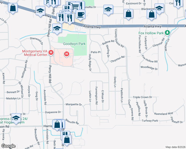 map of restaurants, bars, coffee shops, grocery stores, and more near 348 Holly Ridge Drive in Montgomery
