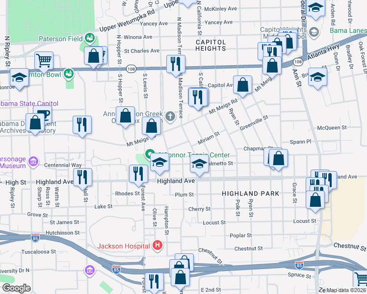 map of restaurants, bars, coffee shops, grocery stores, and more near 1736 Miriam Street in Montgomery
