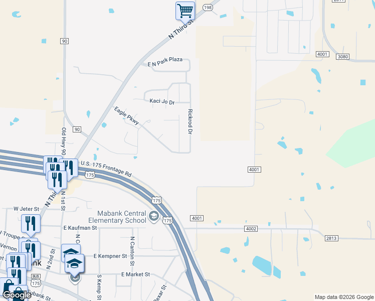 map of restaurants, bars, coffee shops, grocery stores, and more near 328 Rickrod Drive in Mabank