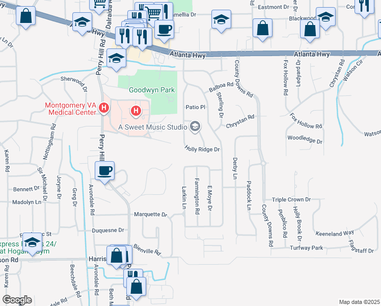 map of restaurants, bars, coffee shops, grocery stores, and more near 354 Holly Ridge Drive in Montgomery