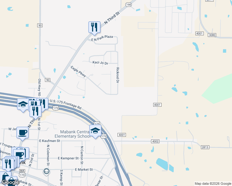 map of restaurants, bars, coffee shops, grocery stores, and more near 328 Rickrod Drive in Mabank