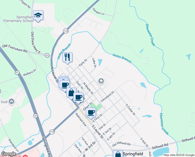 map of restaurants, bars, coffee shops, grocery stores, and more near 602 North Ash Street in Springfield