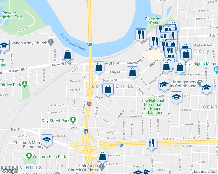 map of restaurants, bars, coffee shops, grocery stores, and more near 602 Martha Street in Montgomery