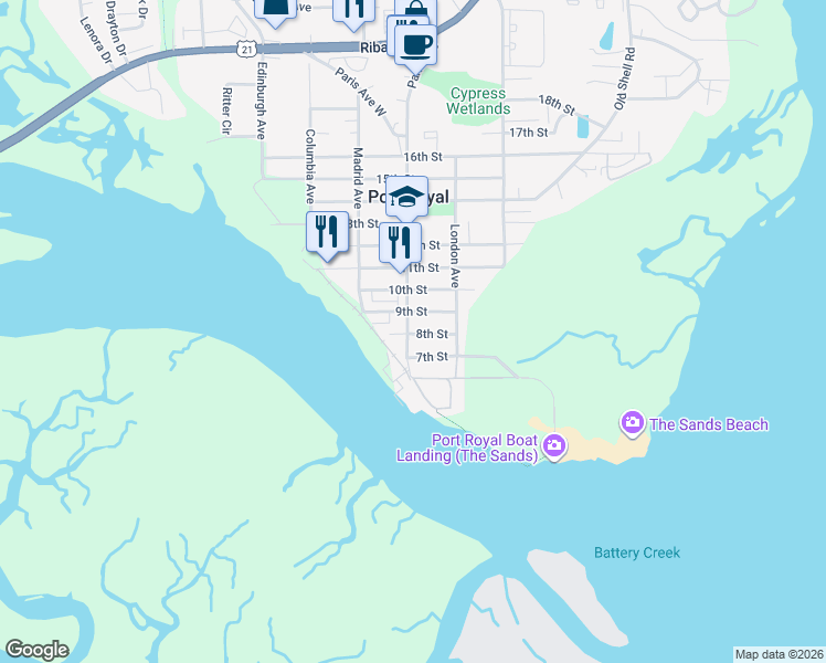 map of restaurants, bars, coffee shops, grocery stores, and more near 918 8th Street in Port Royal